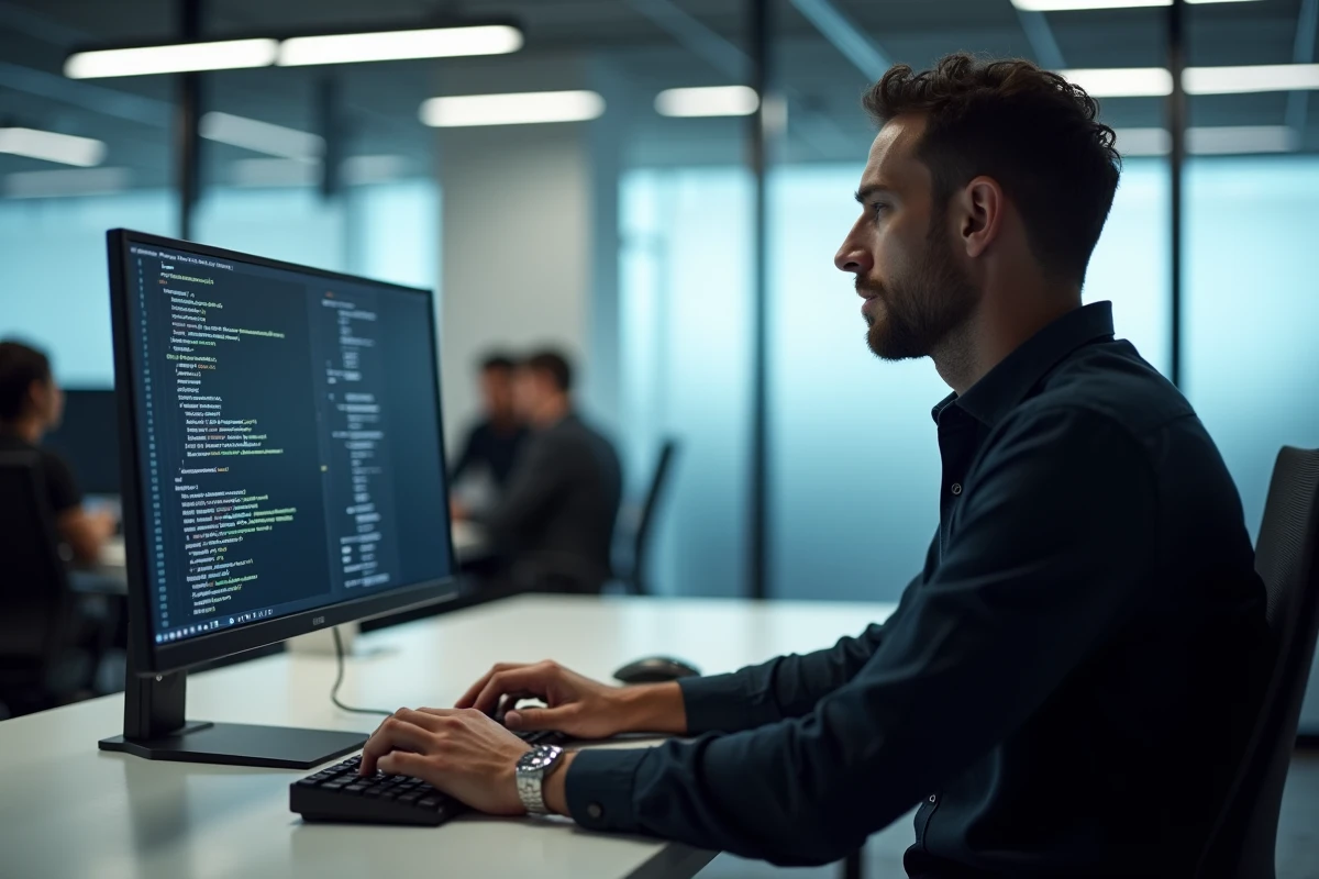 Développeur tapant sur un clavier AZERTY avec des crochets et chevrons visibles à l'écran dans un bureau moderne