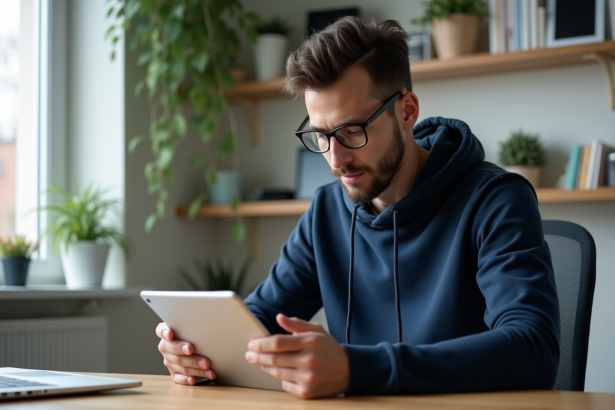 Jeune developpeur logiciel utilisant une tablette dans un bureau moderne