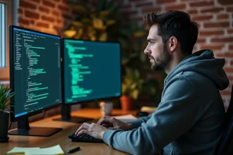 Développeur informatique utilisant un terminal Linux pour saisir des commandes shell comme popd dans un bureau moderne