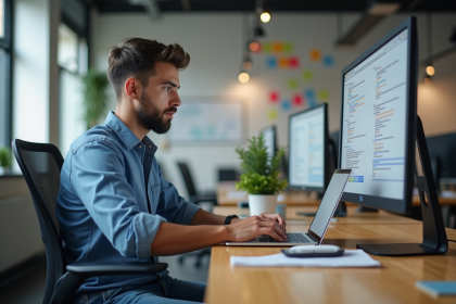 Jeune developpeur web concentré sur son ordinateur portable dans un bureau moderne
