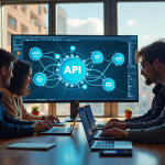 Equipe de developpeurs collaborant autour d un bureau lumineux