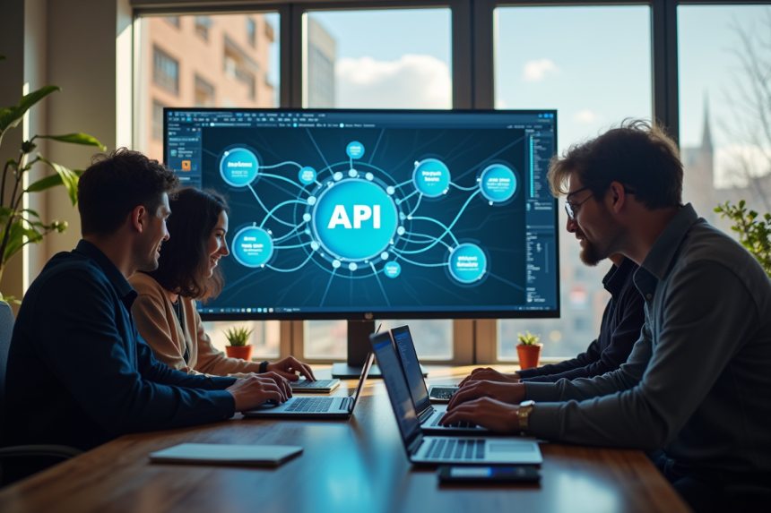 Equipe de developpeurs collaborant autour d un bureau lumineux