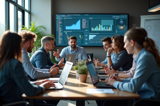 Groupe de developpeurs divers discutant autour d une table moderne