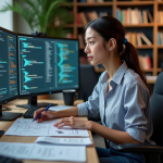 Jeune femme en travail sur un ordinateur quantique