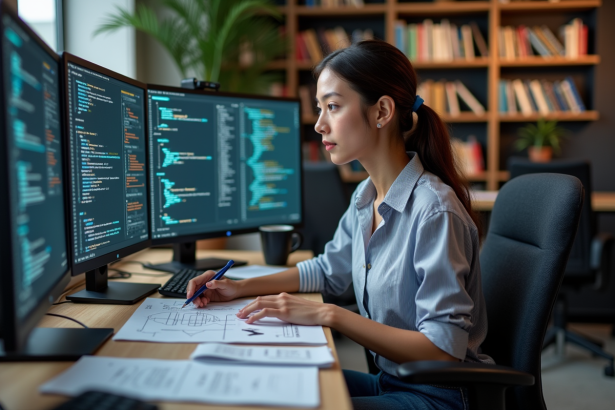 Jeune femme en travail sur un ordinateur quantique