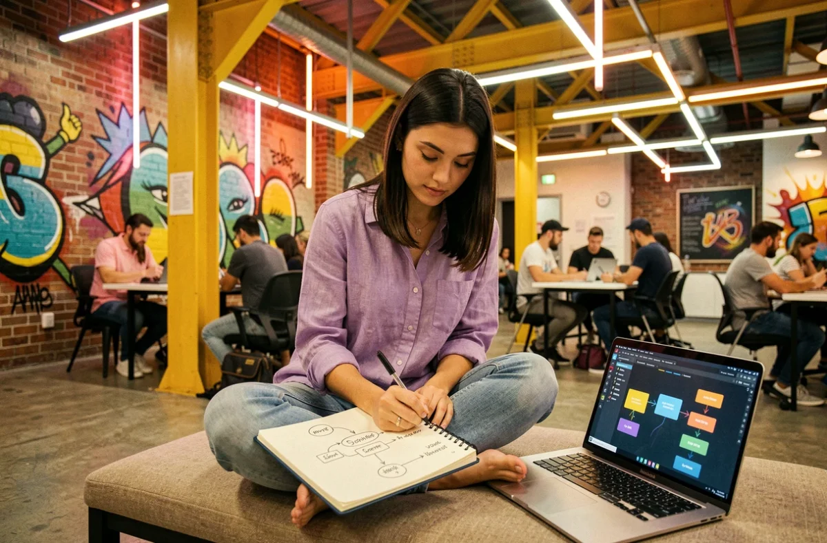 Designer UX de Digital Unicorn esquissant des parcours utilisateurs dans un espace de co-working créatif et coloré