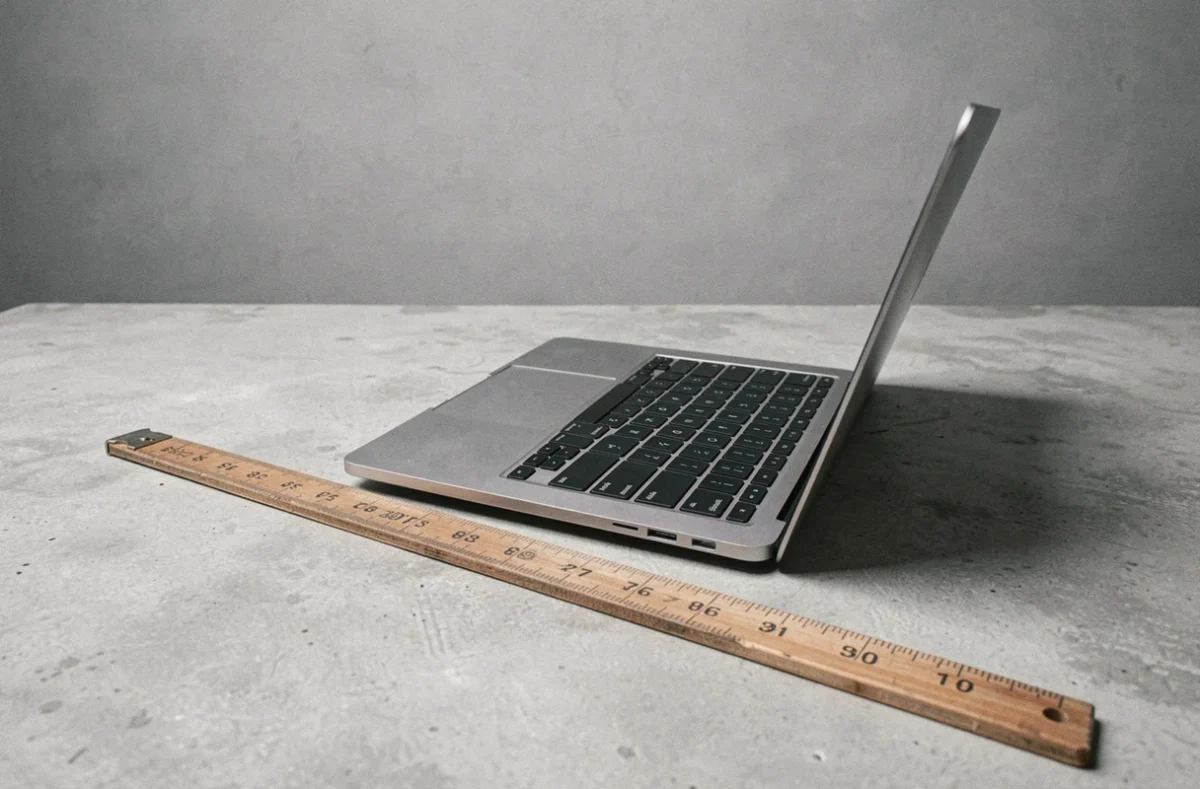 MacBook 13 pouces mesuré avec un mètre ruban et une règle sur surface béton illustrant ses dimensions exactes