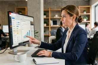 Femme dirigeante de PME analysant des statistiques de campagne emailing sur un écran d'ordinateur dans un bureau moderne