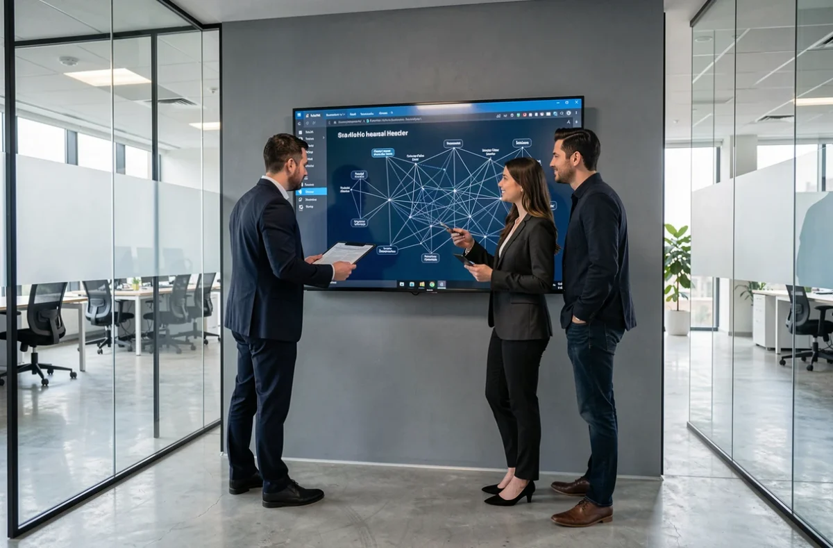 Deux professionnels de Dual Media collaborant devant un écran de gestion réseau dans leurs bureaux
