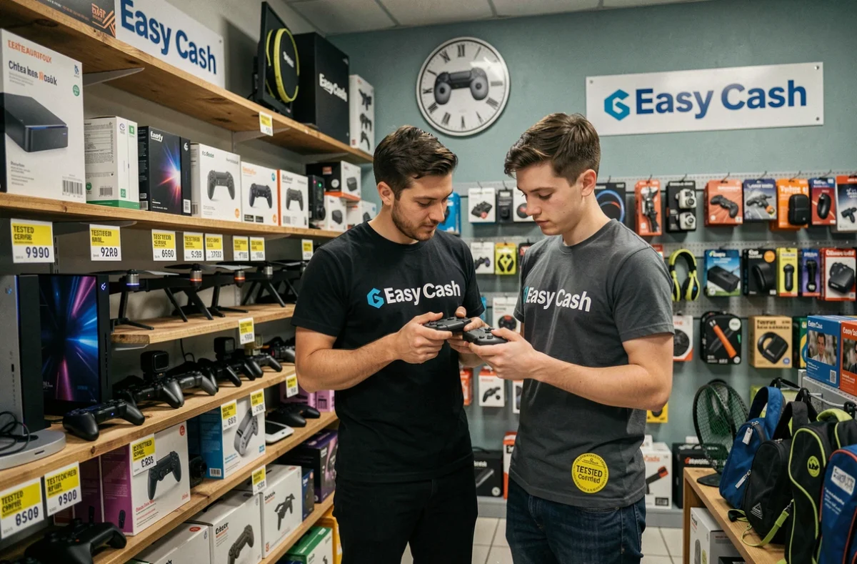 Boutique Easy Cash à Châteauroux avec rayons de high-tech et loisirs reconditionnés, vendeur conseillant un client