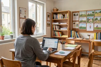 Enseignant consultant sa messagerie sur un ordinateur en salle des professeurs