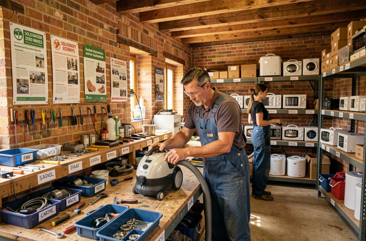 Atelier de reconditionnement Envie au Mans en Sarthe, techniciens réparant des appareils dans un cadre d'économie solidaire