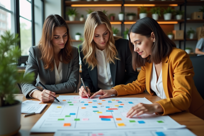 Equipe professionnelle autour d'une carte d'expérience colorée
