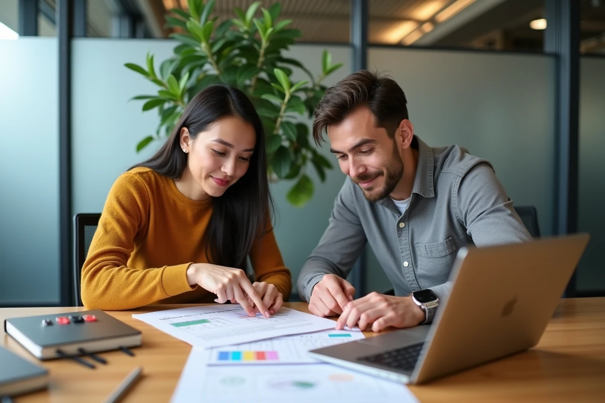 Équipe marketing collaborant sur un calendrier de contenu SEO et un outil de stratégie digitale en salle de réunion