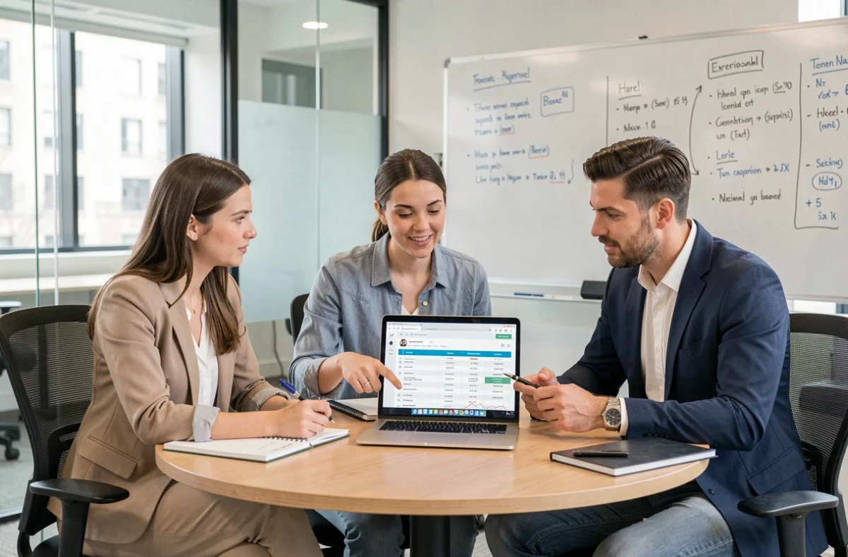Équipe marketing d'une PME réunie en réunion pour choisir un logiciel emailing adapté à leur budget