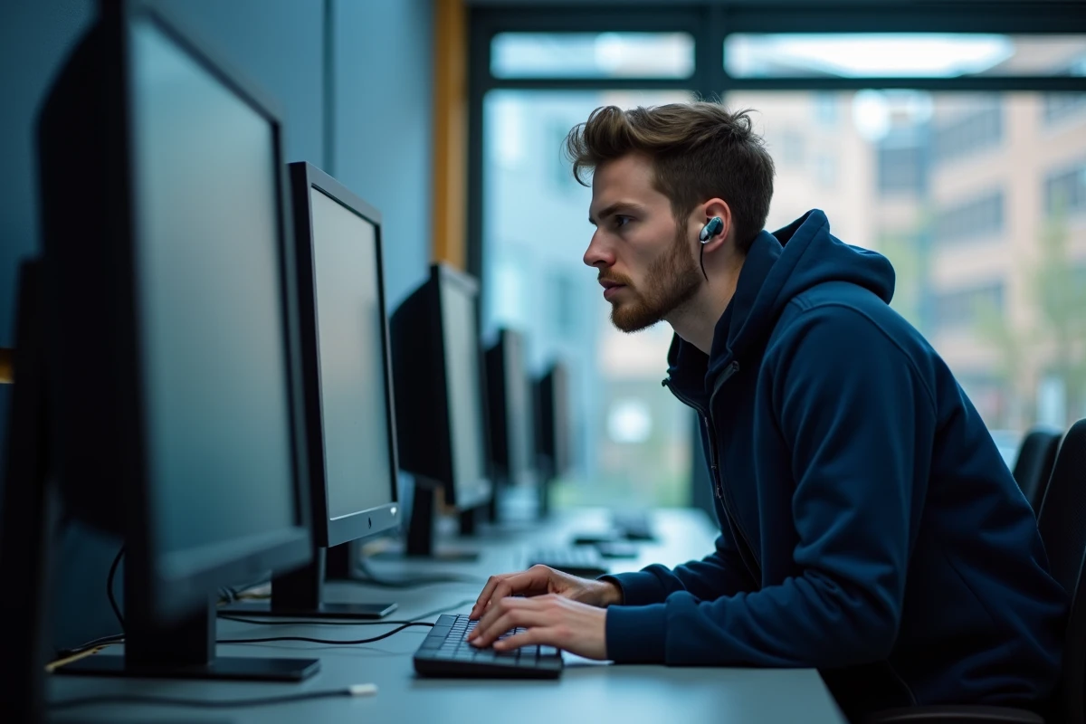 Étudiant masculin explorant les fonctions cachées du webmail sur un ordinateur de laboratoire informatique universitaire