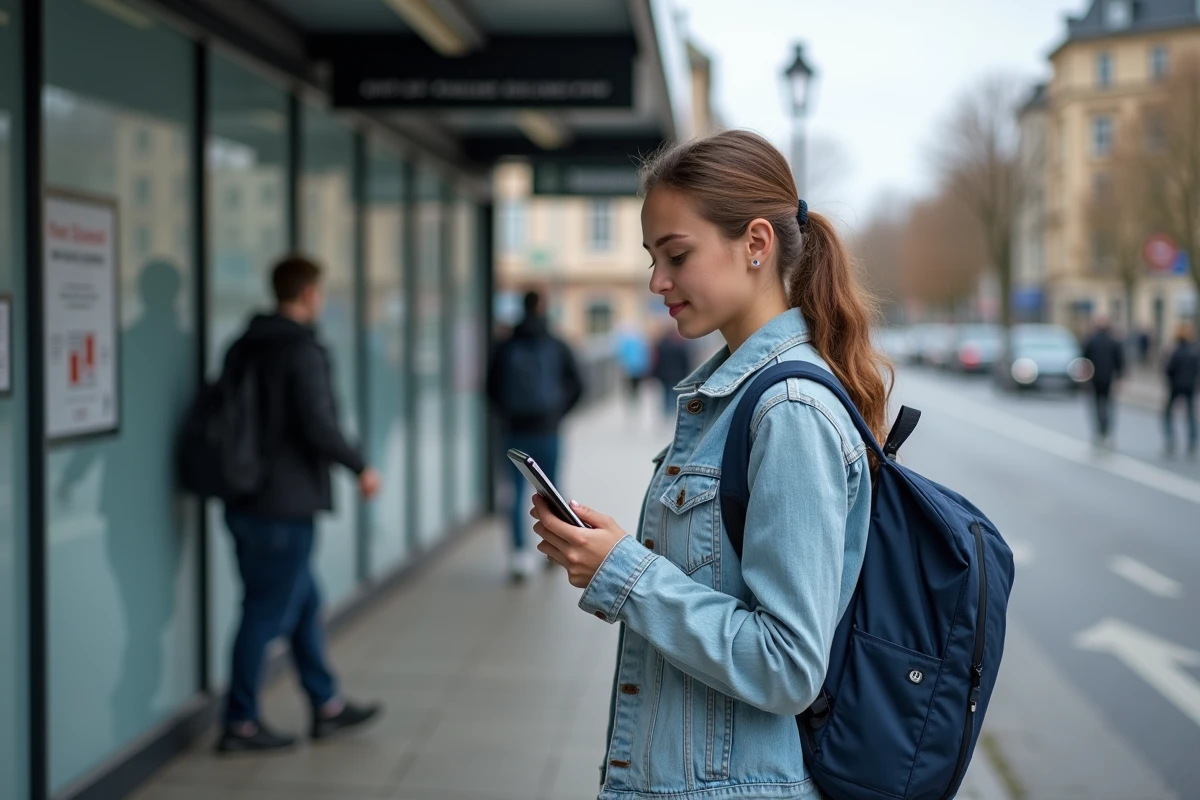 Étudiant lisant un PDF sur Android dans les transports en commun en ville