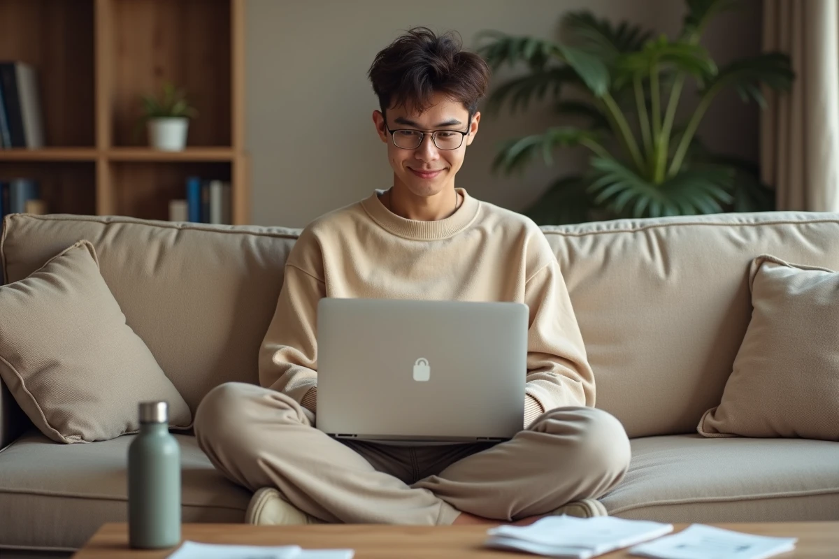 Étudiant consultant le webmail ac-grenoble en toute sécurité depuis son appartement avec un VPN actif