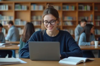 Étudiante consultant l'intranet de l'université Lyon 3 sur un ordinateur portable dans une bibliothèque universitaire moderne