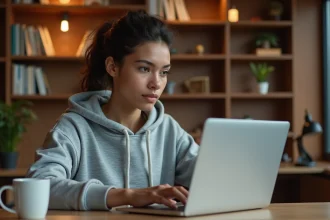 Étudiante utilisant le webmail INSA Rouen sur un ordinateur portable dans une salle d'étude universitaire moderne