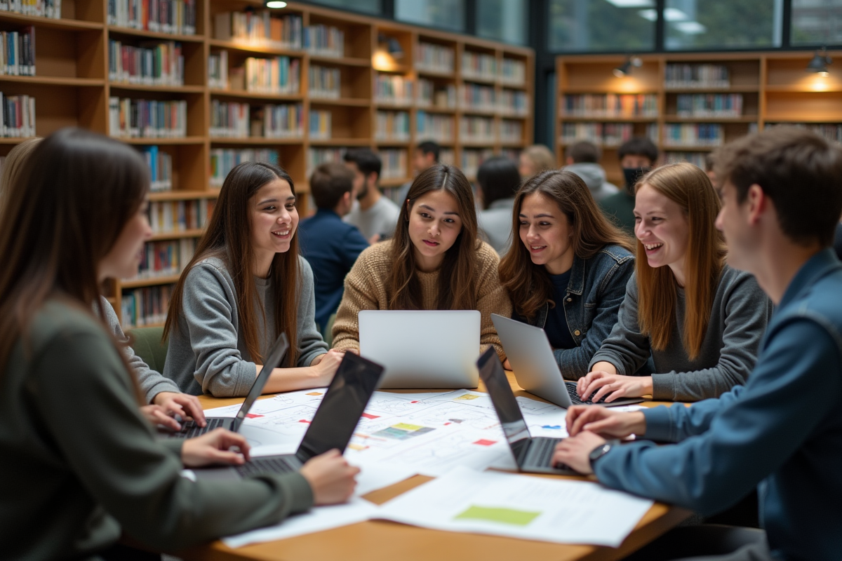 Groupe d etudiants en discussion dans une bibliothèque universitaire