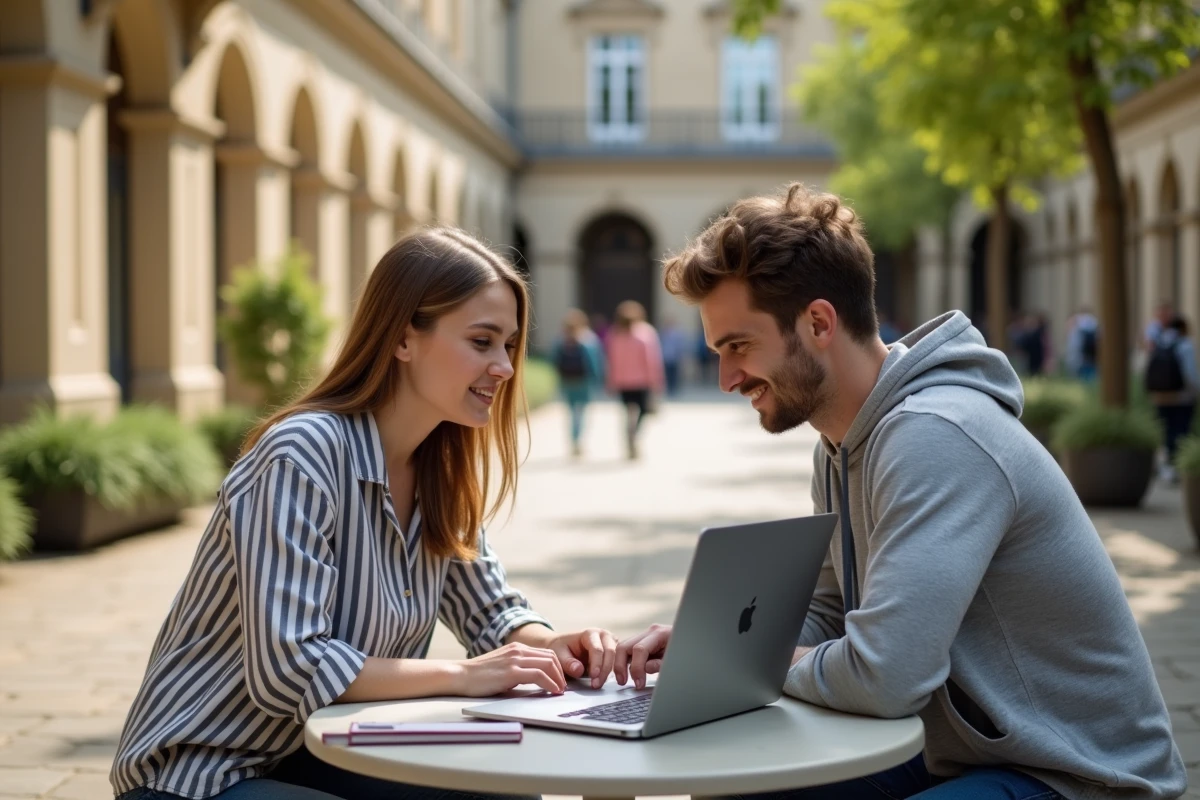 Deux étudiants de Lyon 3 consultant ensemble les liens utiles de l'intranet universitaire sur un campus en plein air