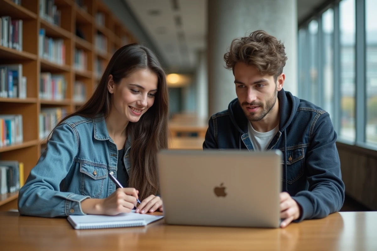 Deux étudiants découvrant ensemble les fonctions avancées du webmail INSA Rouen dans une bibliothèque universitaire
