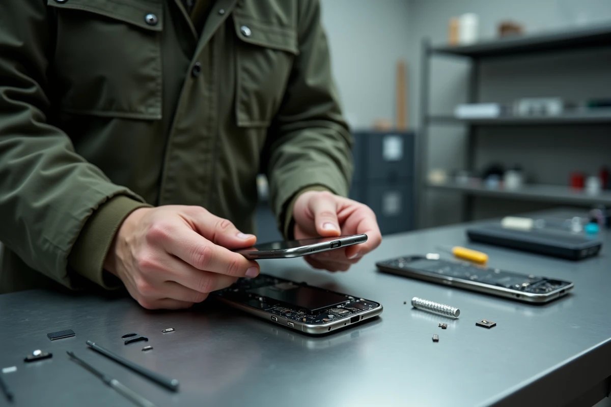 Mains tenant un smartphone démonté sur un établi technique, illustrant les failles matérielles et logicielles des téléphones PGP chiffrés