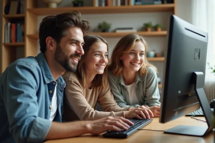 Famille réunie autour d'un ordinateur fixe dans le salon pour choisir un équipement informatique partagé