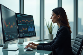 Femme d affaires concentrée devant ses écrans en bureau moderne