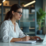 Jeune femme analysant des statistiques SEO au bureau