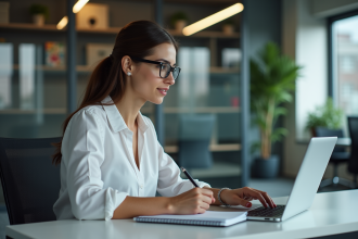 Jeune femme analysant des statistiques SEO au bureau