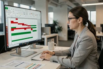 Femme analysant une feuille de calcul Excel avec formules de soustraction et mise en forme conditionnelle colorée sur un écran de bureau