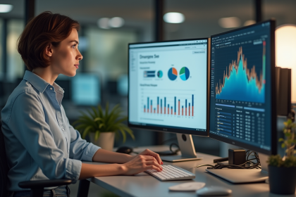 Femme analysant des graphiques SEO sur un grand écran au bureau