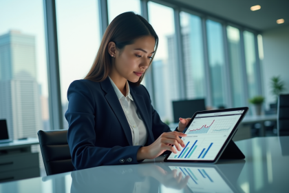 Jeune femme professionnelle analysant des graphiques sur une tablette