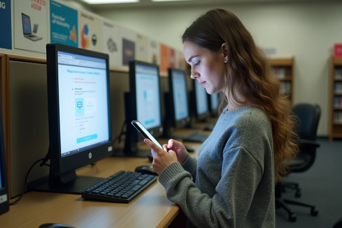 Jeune femme dans une bibliothèque vérifiant son smartphone