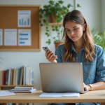 Femme au bureau analysant ses réseaux sociaux