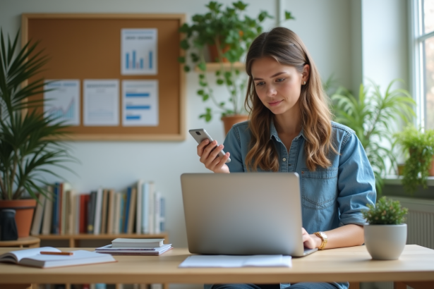 Femme au bureau analysant ses réseaux sociaux