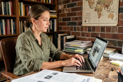 Femme consultant d'anciens articles en ligne dans un bureau home office encombré de documents et de notes pour une stratégie de contenu éditorial