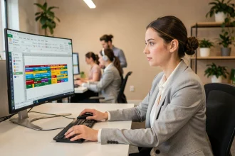 Femme professionnelle travaillant sur un tableau Excel sur grand écran dans un bureau moderne