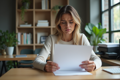 Femme frustrée vérifiant une impression mal alignée dans son bureau
