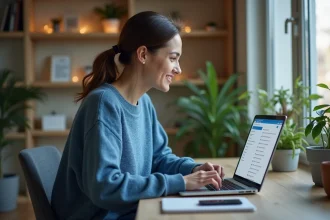 Femme souriante vérifiant sa boîte mail au bureau