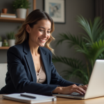 Femme souriante travaillant sur son ordinateur à domicile
