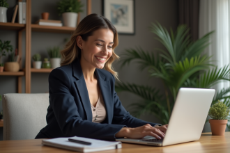 Femme souriante travaillant sur son ordinateur à domicile