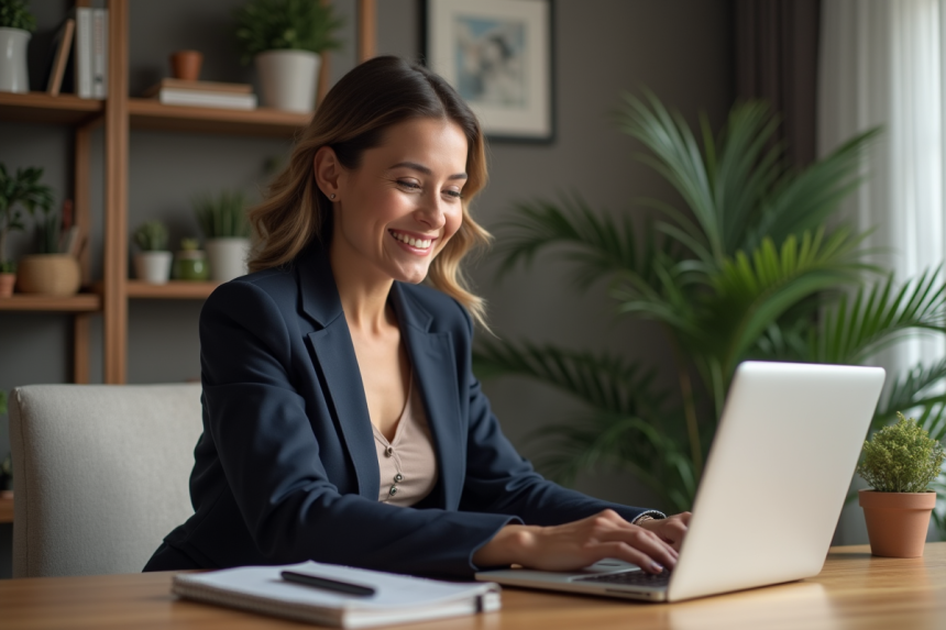 Femme souriante travaillant sur son ordinateur à domicile