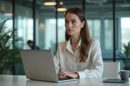 Femme professionnelle travaillant sur son ordinateur dans un bureau moderne