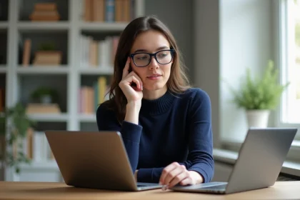 Jeune femme au bureau compare deux ordinateurs portables