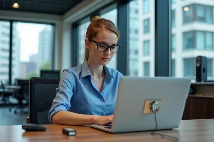 Femme au bureau utilisant une clé USB de sécurité