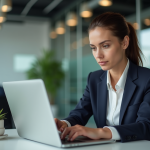 Femme professionnelle travaillant sur son ordinateur en environnement sécurisé