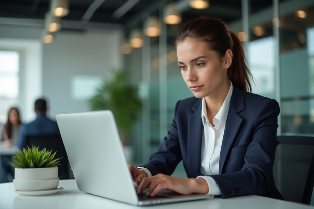 Femme professionnelle travaillant sur son ordinateur en environnement sécurisé